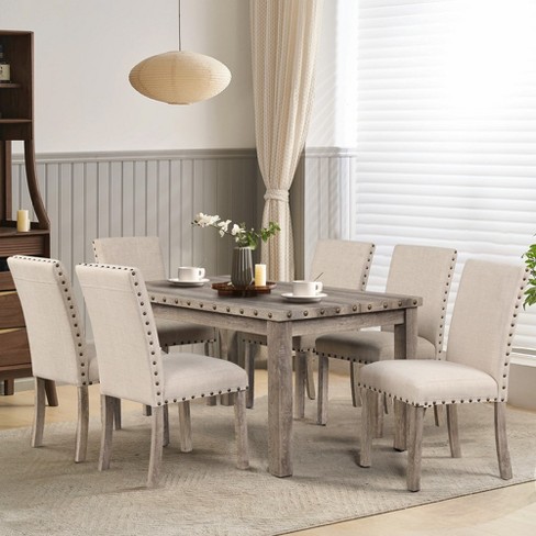 7 Pieces Wooden Dining Table Set Rustic Rectangle Table and Upholstered Chair for Kitchen, Restaurant-Morden Fort - image 1 of 4