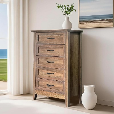 Homhougo Farmhouse 5-Drawer Tall  Dresser, Wooden Storage Chest for Bedroom, Living Room, Hallway