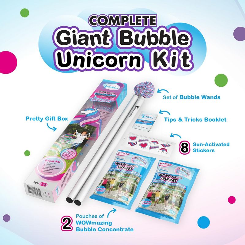 South Beach Bubbles WOWmazing Unicorn Giant Bubble Kit | Wand + 2 Packets Bubble Concentrate + 8 Stickers, 1 of 6
