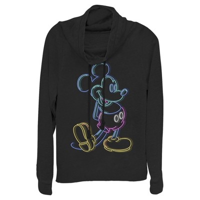 Junior's Mickey & Friends Bright Neon Mickey Mouse Outline Cowl Neck Sweatshirt