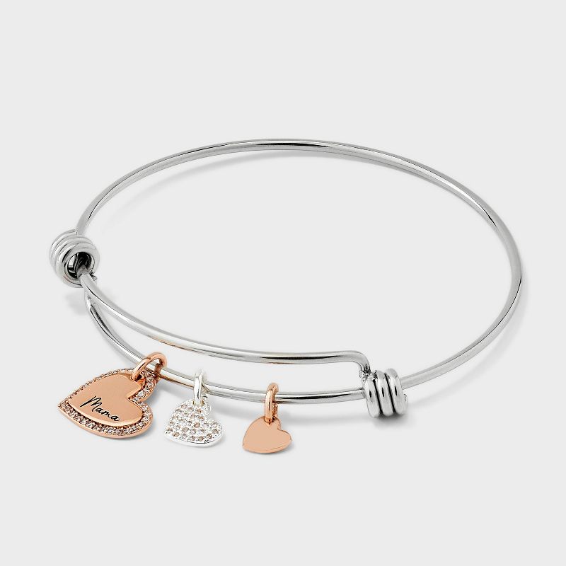 Stainless Steel with Silver Plate Two Tone &#34;Mama&#34; Cubic Zirconia Heart Bangle Bracelet - Silver/Rose Gold, 2 of 4