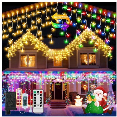 Itopfox 50ft 800 LED Icicle String Lights Multi Color Cool White 8 Lighting Modes 4 Brightness Levels Remote Timer IP65 Plug in 1 Pack