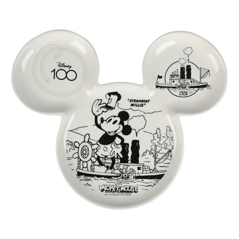 Disney 100 Steamboat Willie Artwork Mickey Mouse Shaped 12" White Tray Plate, 1 of 4