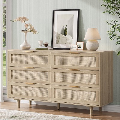 Angel Sar 51'' Rattan Dresser for Bedroom, Boho 6 Drawer Dresser with Golden Handles & Hand Woven Rattan Design, Oak