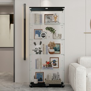 Racxily Tempered Glass Display Cabinet, Wine Cabinet, Storage Cabinet, File Cabinet with LED, Lock on Door, Tempered Glass Top, Casters at Bottom - 1 of 4