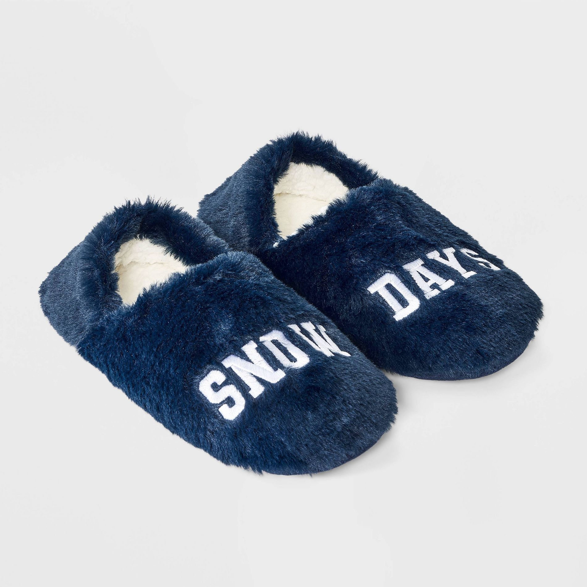 Adult Embroidered 'Snow Days' Faux Fur Christmas Slipper Socks with Grippers - Wondershop™ Navy