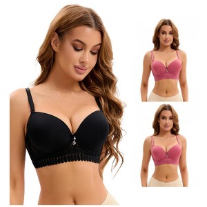 INSPIRE CHIC 3 Pcs Women's Lace Trim Underwire Adjustable Straps Plus Cup Size Push Up Bras - 1 of 4