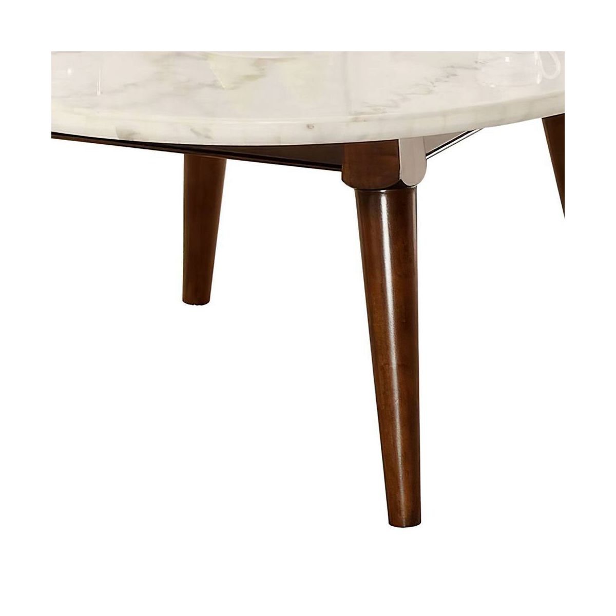 36" Gasha Coffee Table-White Marble Top & Walnut - Acme Furniture: Mid-Century Modern, Round, Wood Legs, No Tools Assembly - thumbnail 5