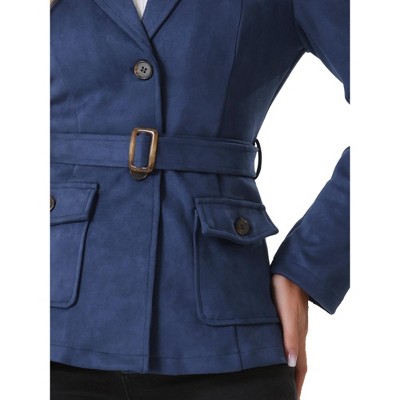 INSPIRE CHIC Women's Faux Suede Belted Lapel Single Breasted Work Outwear Blazer X-Small Dark Blue — фото 5