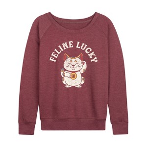 Women's - Instant Message - Feline Lucky Lightweight French Terry Wide Neck Long Sleeve Graphic Shirt - 1 of 4