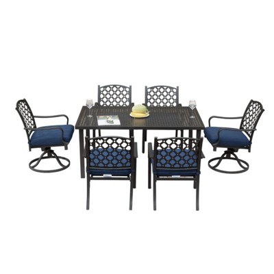 GlasFlength Patio Seating Set, 7 PCS Metal, Blue Cushions, 19.88"*20.47"*34.88"