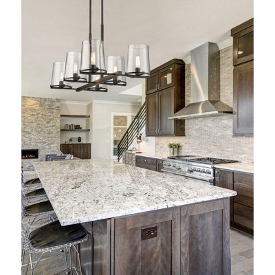 Matte Black 6-Light Steel Chandelier with Clear Glass Shades