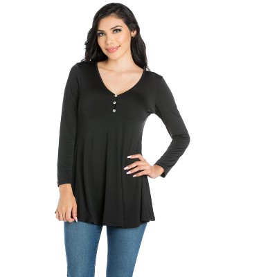 24seven Comfort Apparel Flared Long Sleeve Henley Tunic Top