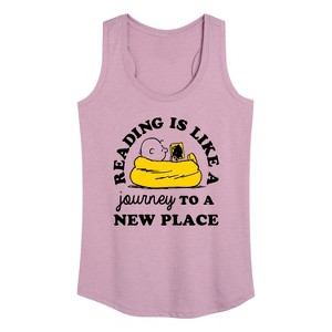 Women's Peanuts Reading Is Like A Journey To A New Place Graphic Racerback Tank - Heather Orchid - X-Large - 1 of 4