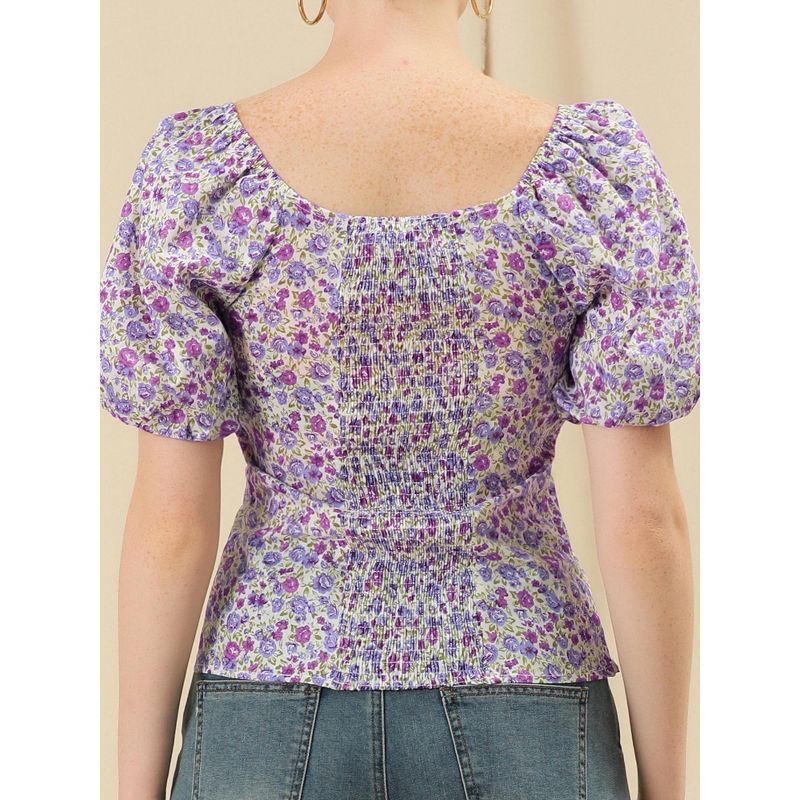 Allegra K Women's Puff Sleeve Square Neck Peasant Floral Blouse, 5 of 7