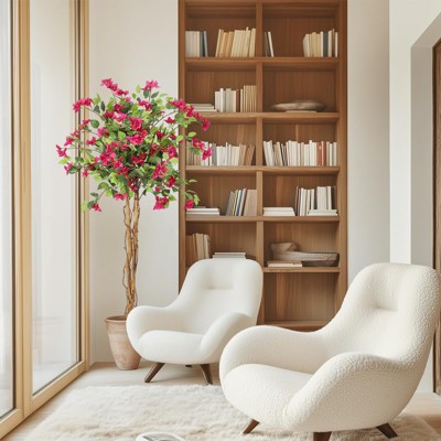 4/5/6FT Artificial Bougainvillea Tree, Tall Potted Fake Bougainvillea Trees, Faux Tree with Wood Trunk and Pink Flowers for Outdoor Indoor