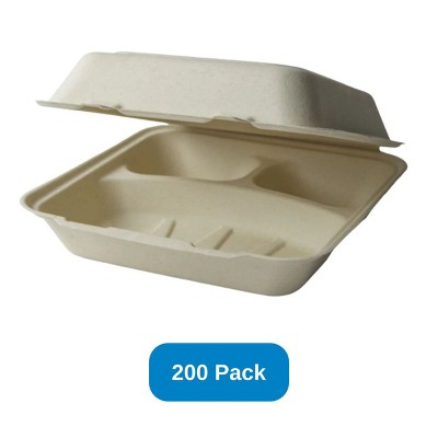 Green Paper Products 9" x 9" x 3" Clamshell 3 Compartment Natural Plant Fiber - Case of 200