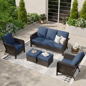 SUGOLD 5-Person Hand Woven Wicker Patio Conversation Set with Blue Cushions - 1 of 4