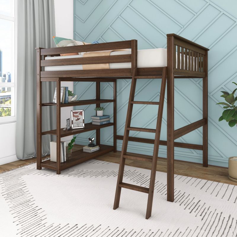 Max & Lily Full Size High Loft Bed with Ladder and Bookcase, Solid Wood Frame, Space Saving, 400 lbs Weight Capacity, Easy Assembly, 2 of 5