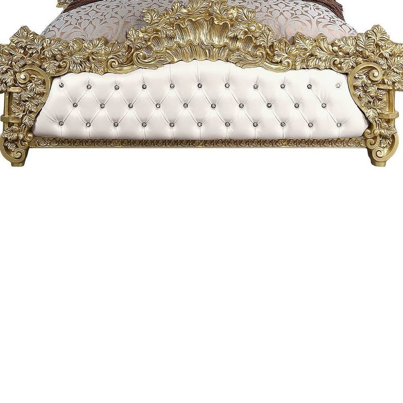 91&#34; Eastern King Bed Bernadette White Synthetic Leather Fabric and Gold Finish - Acme Furniture, 4 of 9