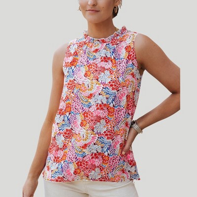 Amaryllis Women’s Sleeveless Floral High Neck Blouse Lightweight Woven Fabric with Ruffle Trim- X Large ,Pink