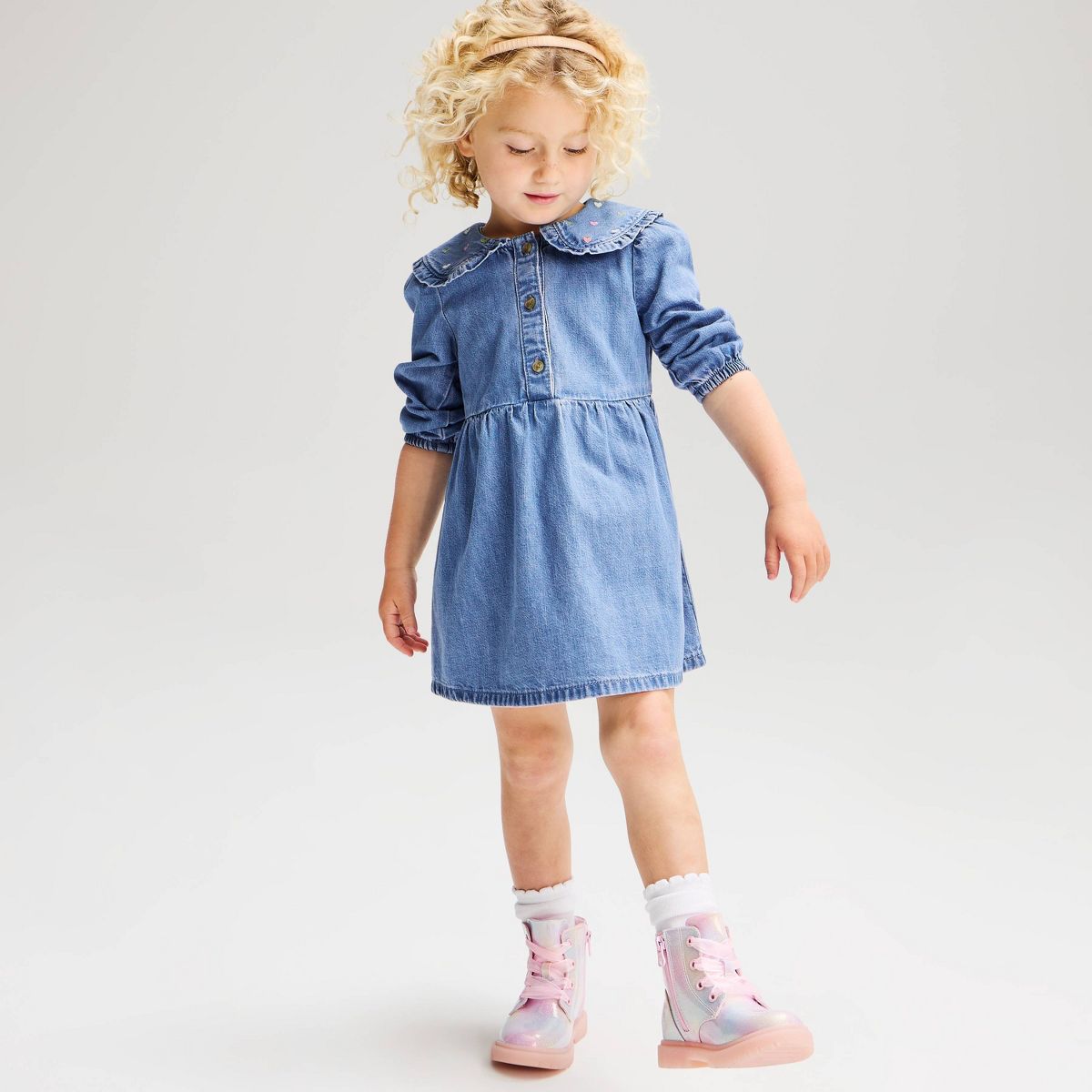 Baby and Toddler Girls' Long Sleeve Heart Collar Denim Dress - Cat & Jack™ Medium Wash