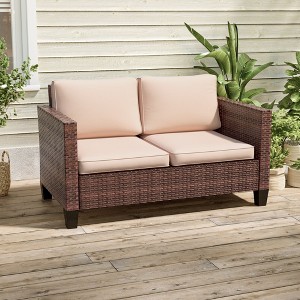 Sonkuki Patio Loveseat Sofa, All-Weather PE Rattan Wicker Set Small Patio Conversation Couch with Cushion - 1 of 4