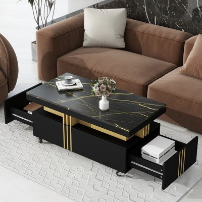 LOVMOR 39.30"Contemporary Coffee Table with Faux Marble Top,Black