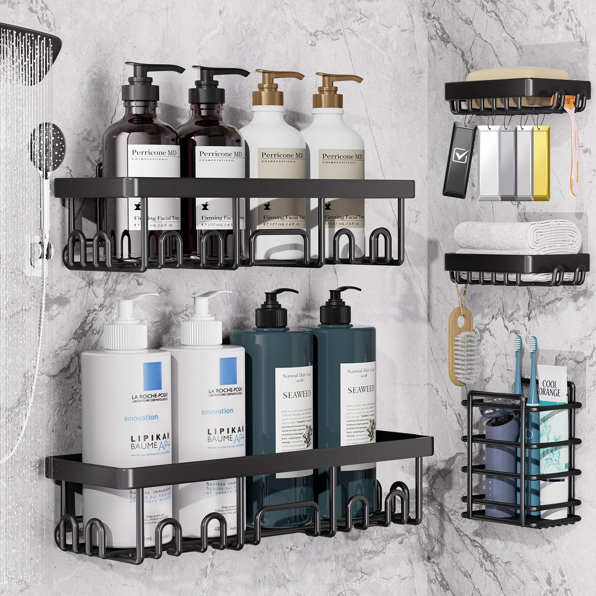 Veken 5-Piece Adhesive Shower Caddy Set, No-Drill Rust-Resistant Shower Shelves with Soap and Toothbrush Holders