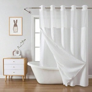 White No Hook Weave Shower Curtain with Snap - in Liner, 230GSM Waterproof Hotel Bathroom Set, 71Wx74H, Mesh Top Window - 1 of 4