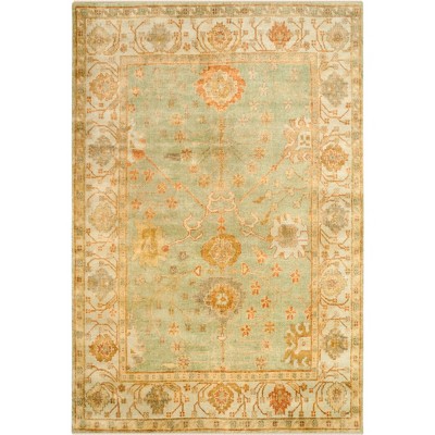 Elegant Oushak Dark and Light Green Hand-Knotted Wool Rug 6' x 9'