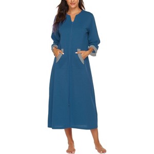 Ekouaer Women Zipper Robe 3/4 Sleeves Loungewear Dress Full Length Sleepwear Pockets Housecoat Nightgown Long Bathrobe - 1 of 4