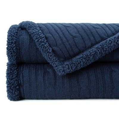 Navy Blue Cable Knit and Sherpa Reversible Throw Blanket 50" x 65"