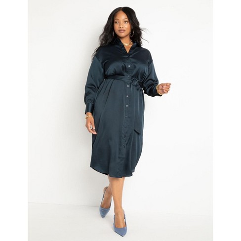 ELOQUII Women's Plus Size Satin Button Down Maxi Shirtdress, 16 - Carbon