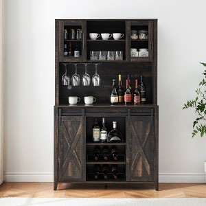 Garvee Coffee Bar Wine Cabinet with Sliding Barn Doors, 70" Tall Farmhouse Kitchen Hutch with Wine & Glasses Rack, for Kitchen, Dining Room - 1 of 4
