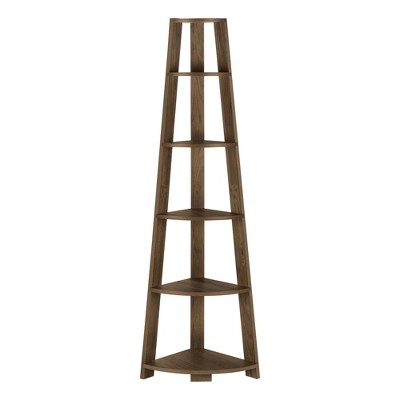 Bookshelf, Bookcase, Etagere, Corner, 5 Tier, 72"h, Office, Bedroom, Walnut Laminate, Contemporary, Modern