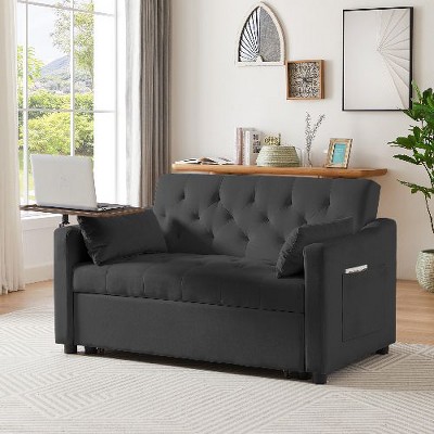 CAVINAS Modern Upholstered Convertible Sofa with a Movable Tabletop, Velvet Loveseat Sofa Bed with Adjustable Backrest, Couches for Living Room