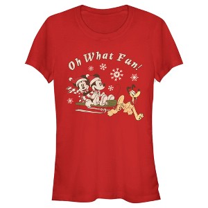 Juniors Womens Mickey & Friends Oh What Fun Sled T-Shirt - 1 of 4