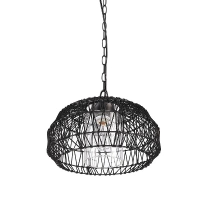 Matte Black Woven Fabric Outdoor Pendant Light with Glass Globe