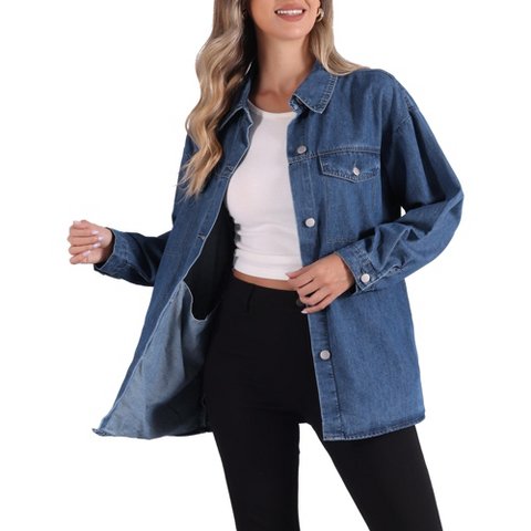 Женские куртки Allegra K Women's Collar Button Down Long Sleeve Casual Solid Denim Oversized Jacket Small Blue