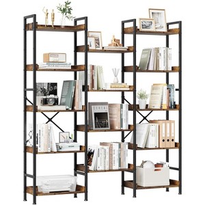 Triple 5 Tier Bookshelf, Wooden Bookcase with 14 Open Display Shelves and Sturdy Metal Frame, Wide Book Shelf Storage Rack for Home Office - 1 of 4