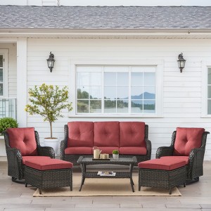 Buenhomino Wicker Outdoor Patio Furniture Set - 6 Piece Patio Conversation Set with Swivel Rocker Chairs, Rattan Sofa, Ottomans and Coffee Table - 1 of 4