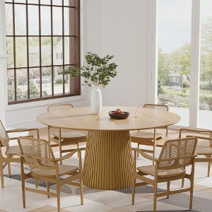 PexFix 60" Round Dining Table for 6 People Modern Pedestal Table with Fluted Cone Base & Wood MDF Top for Small Space Kitchen Dining Room Cafe Natural - 1 of 4