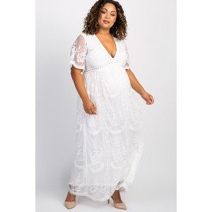 Pinkblush PinkBlush White Lace Mesh Overlay Plus Maternity Maxi Dress - 1 of 4