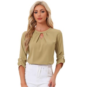 INSPIRE CHIC Women's Work Office Keyhole Pleated Front Ruched 3/4 Sleeve Chiffon Blouse - 1 of 4
