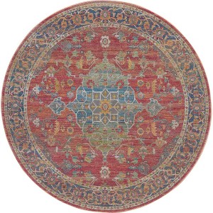 HomeRoots 4' Blue and Red Floral Medallion Distressed Non Skid Round Rug - 1 of 4