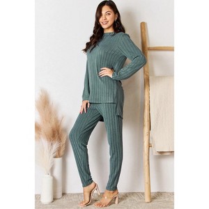I am a Fashion Junky Basic Bae Full Size Ribbed Round Neck High-Low Slit Top and Pants Set - 1 of 4