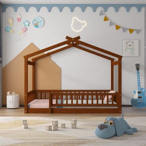 CAVINAS Twin Size Bed Frame, Wood Bed House Bed Frame with Fence, House-Shaped Floor Bed for Kids, Teens, Girls, Boys, Floor Platform Bed - 1 of 4