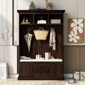 NicBex Hall Tree with Bench Entryway Hall Tree with 3 Hooks, 3 Open Shelves, 2 Drawer and 2 Storage Cabinets Anti-Dumping Hall Tree, Brown - 1 of 4