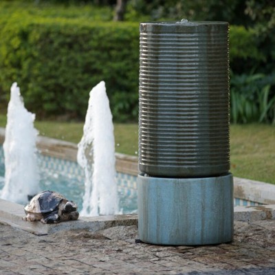 VisioGear Bird Baths, 44" Tall Large Round Green Ribbed Tower Water Fountain, Outdoor Bird Bath Fountain, Antique Green, 19.3"*19.3"*43.5”